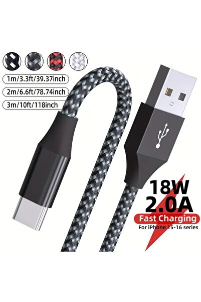 Choice 2m 1PC Black 1/2/3m Nylon Braided USB A to Type C Fast Charging Cable ...