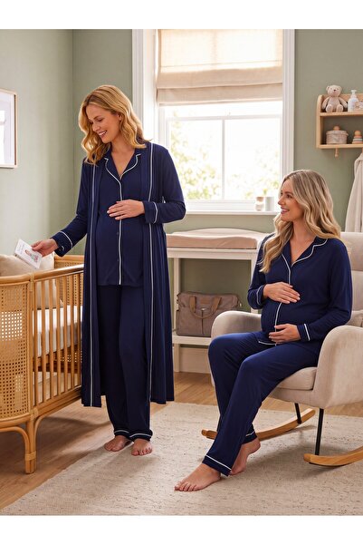Lohussa New Season Navy Blue Long Dressing Gown with Buttons All Over, Specia...