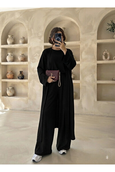The Hench Set kimono din bumbac pieptănat, 3 piese, pentru femei, cu pantalon...