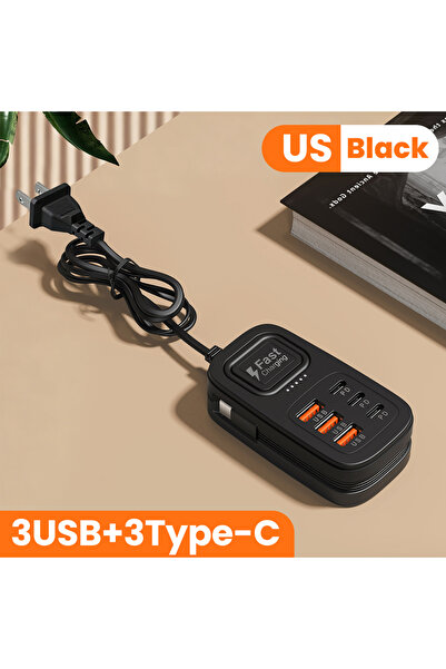 Choice4 Black 3U3C US Fast USB Charger 6 in 1 Power Strip Desktop Charging St...