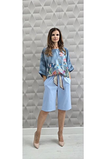 MAXORA SHOP Cotton shorts with scarf - Blue