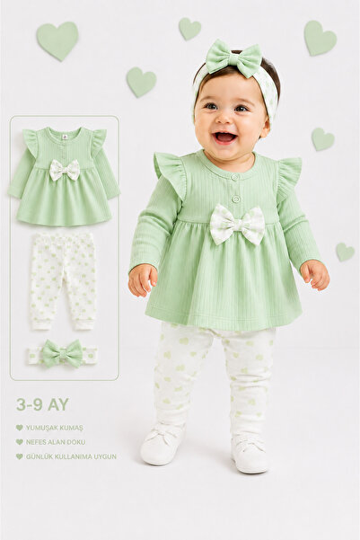 LITTLE&CO Kız Bebek 3-9 Ay Kalp Desenli Fırfırlı Elbise ve Pantolonlu 3'lü Ta...