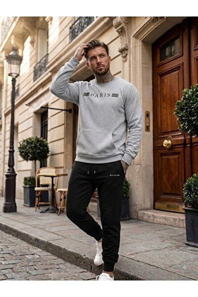 WOODROFFE Unisex Three Stripes Paris Printed Crew Neck Tracksuit Set Oversize