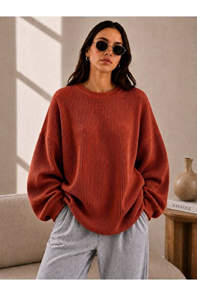 oneoff Women's Oversize Ribbed Knit Sweater Crew Neck Loose Long Sleeve Comfo...