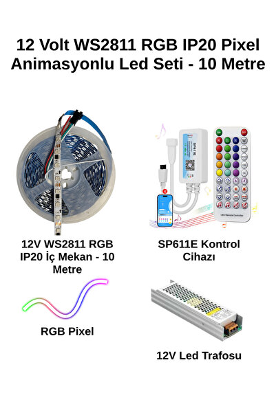 WS2811 IP20 RGB Pixel LED Seti | SP611E Pixel LED Kontrolcü + 12V Güç Kaynağı | 5-20 Metre