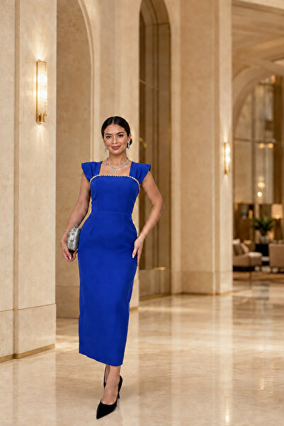 Deafox Saks Blue Stone Detailed Thick Strap Square Neck Slit Crepe Fabric Dress