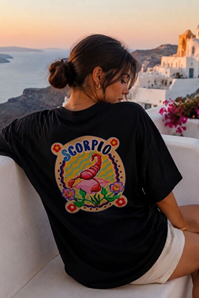 GIA - ART Women's Oversize T-Shirt Scorpio Printed Black – Crew Neck, Comfort...