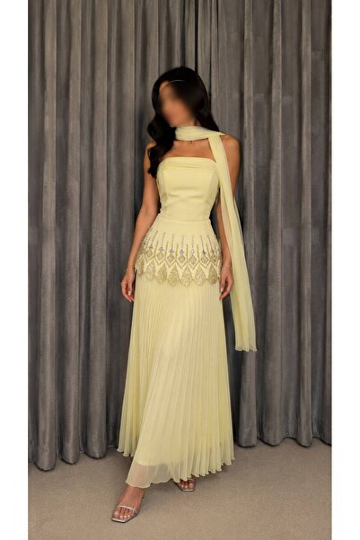 ELORA FASHION Pastel Yellow Evening Dress Long with Shawl Silver Embroidered ...