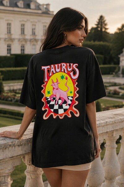 GIA - ART Women's Oversize T-Shirt Taurus Printed Black – Crew Neck, Comforta...