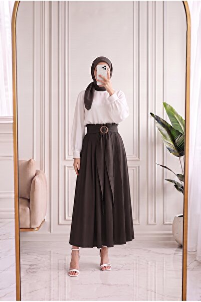Holehola Nevrengiz Elastic Waist Belt and Buckle Detail Skirt-Ek1016 Brown
