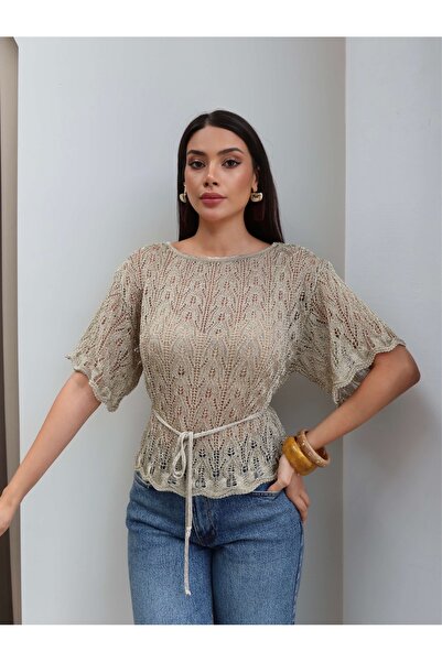 ESRAHELVACI Thin Belted Openwork Knit Blouse