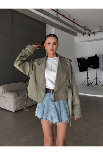 Nes Moda Kadın Apolet Detaylı Kemerli Kısa Trenç Ceket Mont
