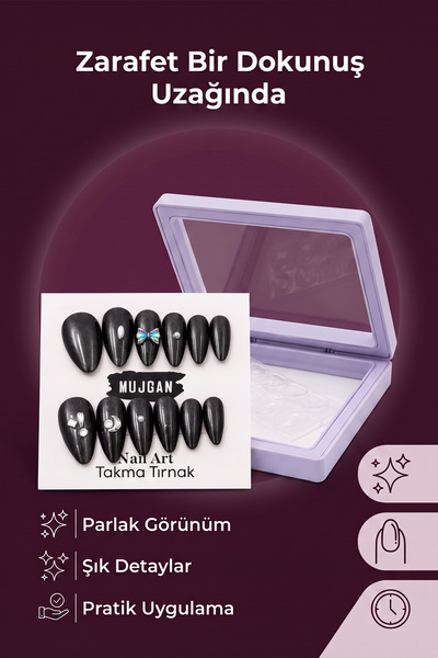 MUJGAN 12’li Takma Tırnak Seti Nail Art Desenli Parlak Görünüm Siyah Renk
