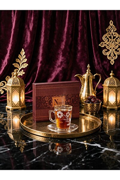 Nimet طقم فناجين شاي فاخر بحواف ذهبية ونقش زهور مع صحون سعة 75 مل |   مجموعة أدوات زجاجية فاخرة من 12 قطعة مثالية للضيافة والهدايا
