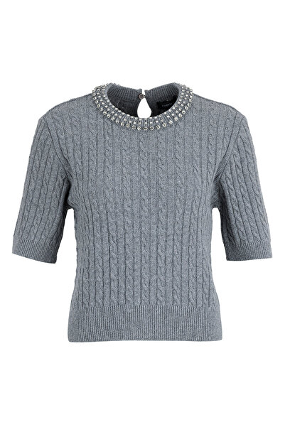 Fabrika Gri Kadın Bisiklet Yaka Regular Fit Saç Örgü Kazak F6WL-KZK0016
