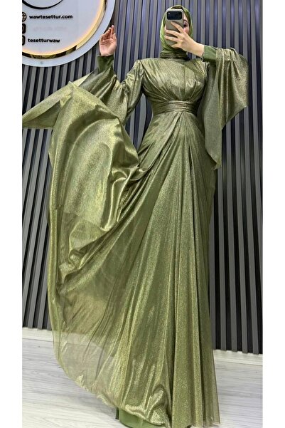 waw tesettür Cindirella Simli Drape Detaylı Tesettür Abiye Elbise