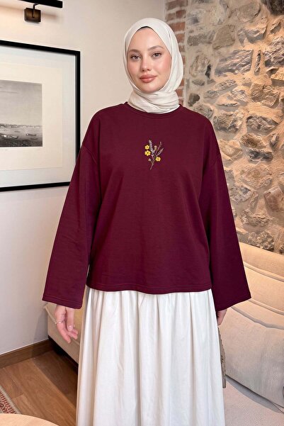 Salih Çelebi Floral Embroidered Combed Cotton Blouse 13137 - Bordo