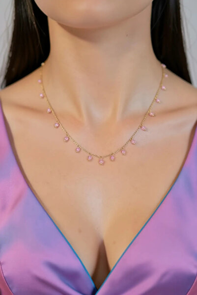PRVT Pink Beaded Dangle Silver Color Necklace