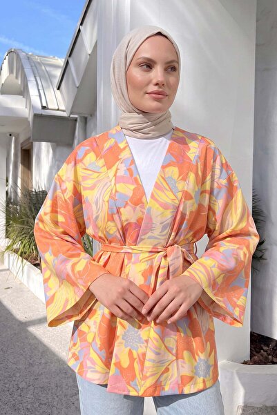 Salih Çelebi Floral Patterned Kimono Y0167 - Orange