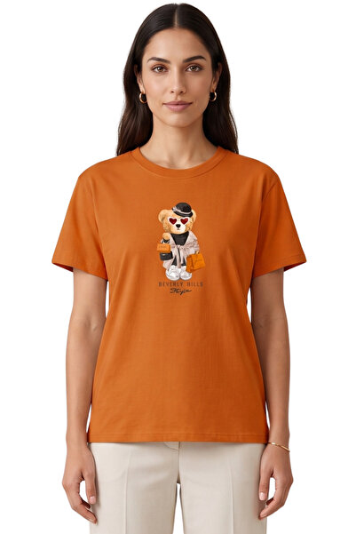 DK DAKSEL Women's Orange Beverly Hills Teddy Bear Printed T-Shirt 100% Cotton...