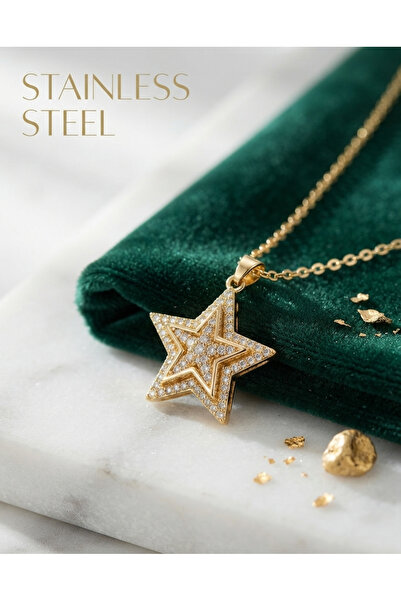 stainless steell سلسلة فولاذية 316L ذهبية اللون مرصعة بحجر الزركون على شكل نجمة
