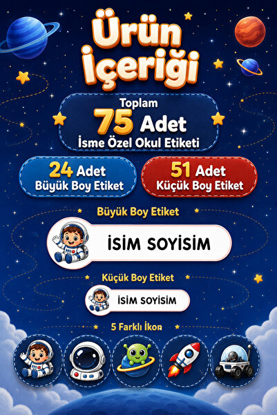 cabuk baskı Erkek Çocuk Okul İsim Etiketi 75 Adet Uzay Astronot Temalı Defter Kitap Kalem Etiket Seti
