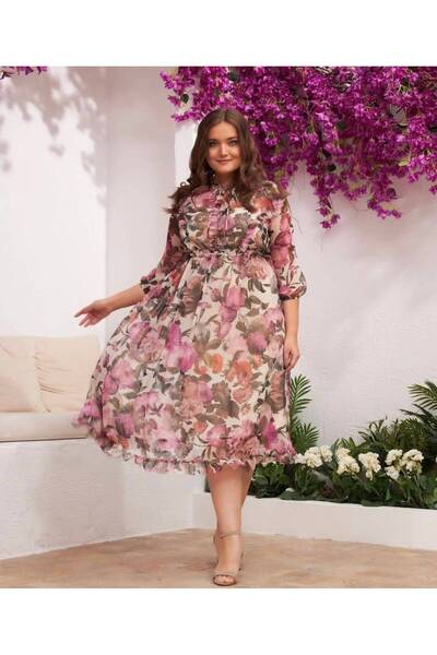 QU Last piece, floral occasion dress in shades of pink, beige, and earthy tones, elegant chiffon collar QUIZA