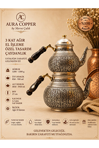 AURA COPPER 3 kat Ağır El İşlemeli Bakır Çaydanlık Seti 1,2 mm Yoğun Motifli ...