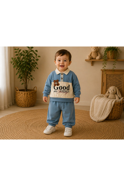 Tufitto Baby Boy's Collared Embroidered and Printed Teddy Bear Set