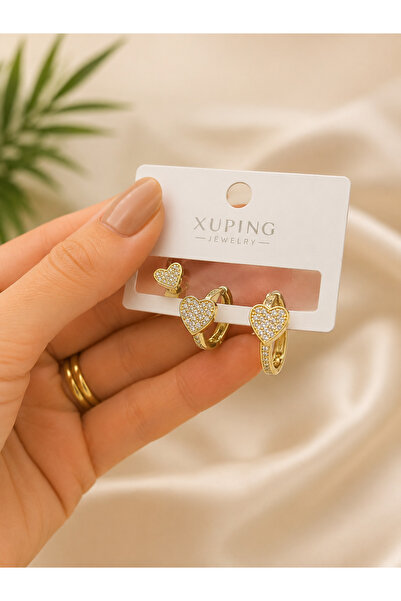 XUPİNGS JEWELRY Xuping Gold Renk Zirkon Taşlı Kalp Küpe 3’lü Set – Farklı Boy...
