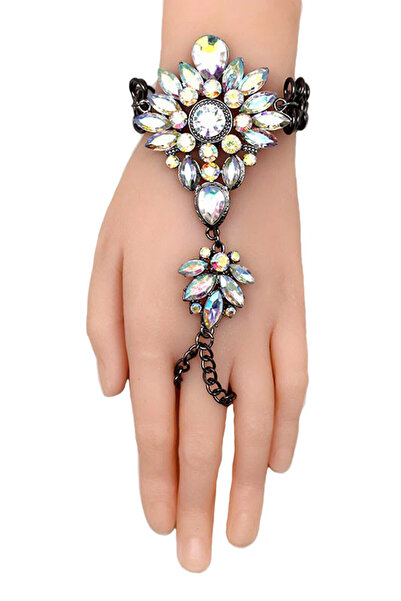 VeeShop Bratara luxury cu inel, floare din cristale albe cu reflexii multicolore