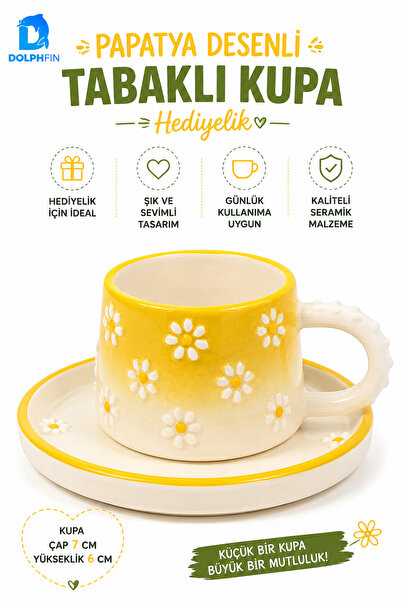 DolphFin Papatya Desenli Tabaklı Seramik Kupa Hediyelik Kahve ve Çay Kupası S...