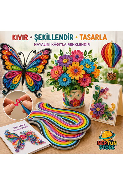 neptünstore Kalın Quilling Seti 10 mm × 50 cm 100 Adet 12 Renk – Aparatlı Kağ...
