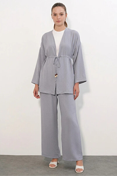 Şeker Portakalım Women's Kimono Collar Drawstring Waist Gray Set