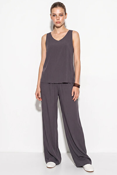 Şeker Portakalım Women's V-Neck Strap Blouse with Palazzo Pants Gray Bottom-T...