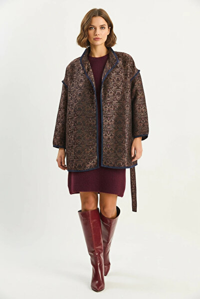 Efnaz style Women's Ethnic Patterned Belted Oversize Bitter Brown Kimono
