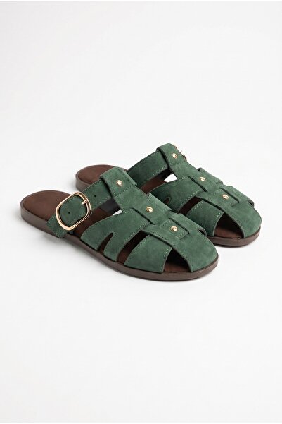 Efnaz style Women's Suede Gold Buckle Belt Strap Flat Sole Slippers Green