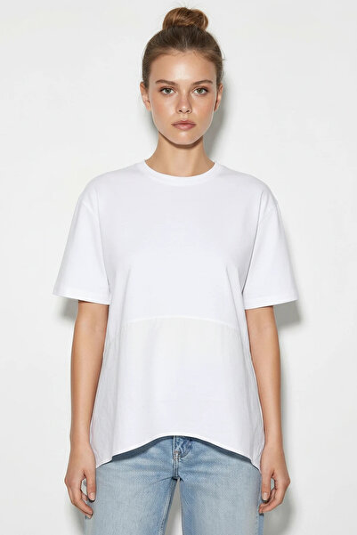 ALFA AKSESUAR 03 Women's Garnished Asymmetrical Cut Oversize Basic t Shirt White