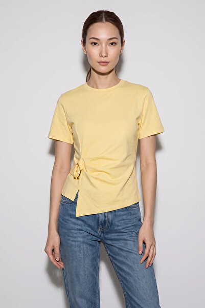Efnaz style Women's Cotton Crew Neck Asymmetrical Cut Yellow Blouse with Wais...