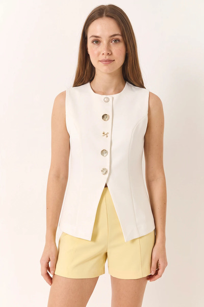 Efnaz style Women's Regular Crew Neck Gold Button Detailed Lined Woven White ...