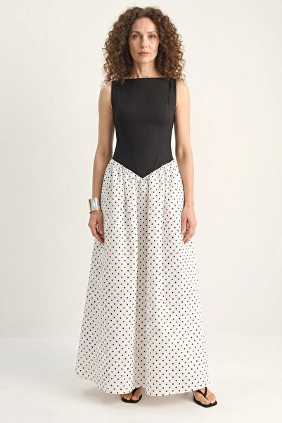 Efnaz style Women's Waist-Slit Polka Dot Maxi Black Dress with Pocket Detail