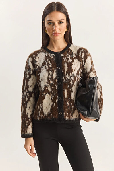Şeker Portakalım Women's Snake Patterned Knitted Black Brown Cardigan