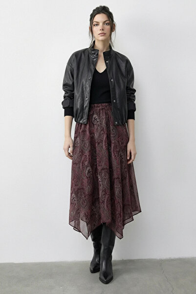 Şeker Portakalım Women's Ethnic Patterned Asymmetrical Cut Lined Burgundy Skirt