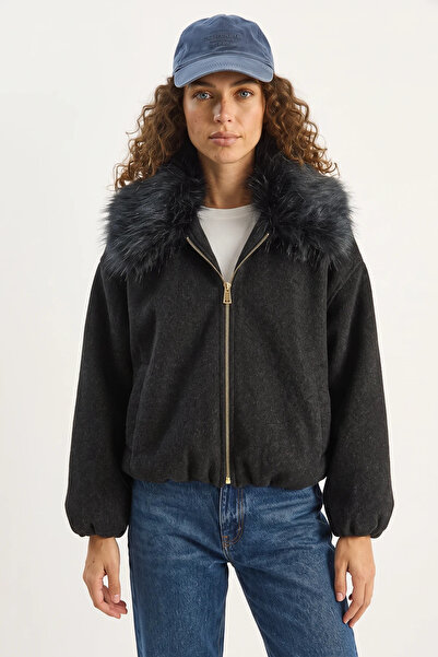Efnaz style Women's Mobile Fur Collared Zippered Cashmere Anthracite Jacket