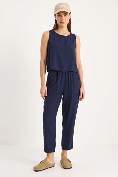 Efnaz style Women's Thick Strap Blouse Elastic Waist Pants Modal Navy Blue Set