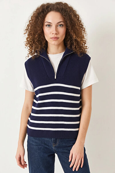 Efnaz style Women's Zippered Thessaloniki Knitted Sweater Navy Blue White