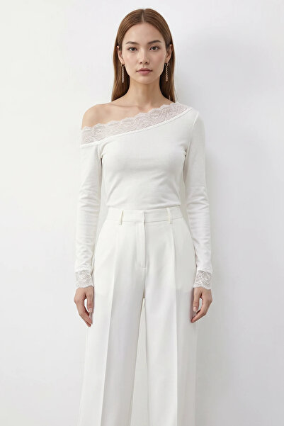 Efnaz style Women's Lace Detailed Madonna Collar White Blouse