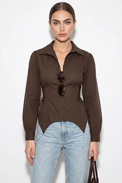 Efnaz style Women's Side Lace Detailed Waist-Fitted Poplin Bitter Brown Shirt