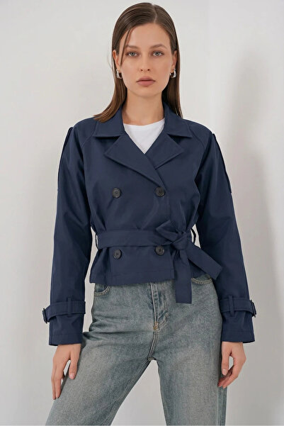Efnaz style Women's Classic Collar Belted Double Button Navy Blue Trench Coat