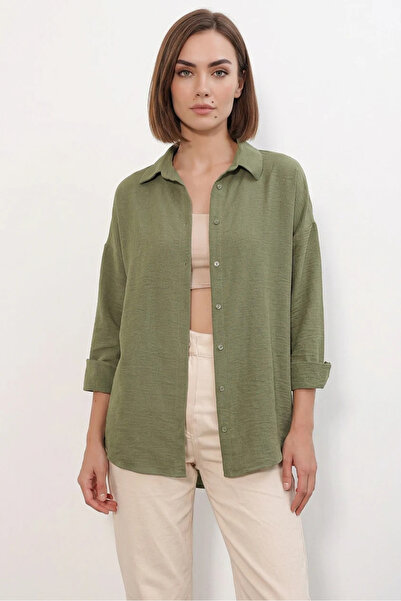 Efnaz style Women's Oversize Cut Linen Khaki Shirt